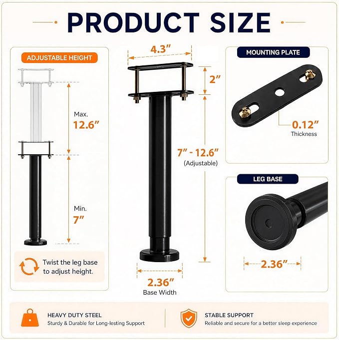 2Pcs Adjustable Height Bed Frame Support Leg, Extra Sturdy Steel Bed Frame - Image 2