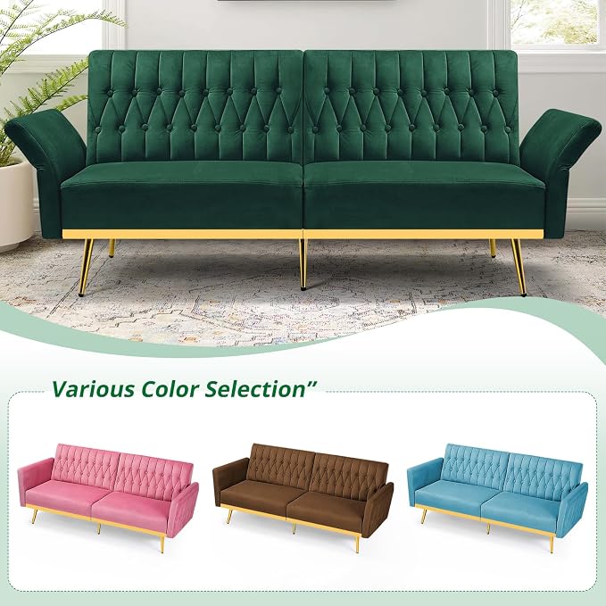 70” Velvet Futon Sofa Bed w/Adjustable Backrests and Armrests, Convertible - Image 7
