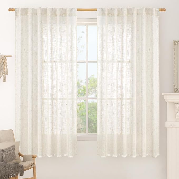 Cream Linen Curtains 63 Inch for Bedroom Small Window 2 Panels | Light Filtering by LAMIT