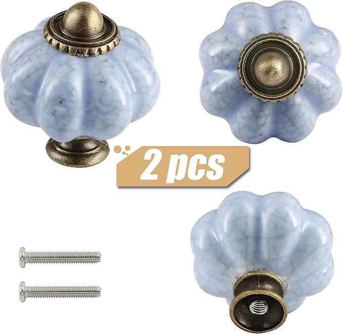 Blue Crackle Pumpkin Knobs 2 Pack Ceramic Cabinet Knobs Vintage Drawer Pulls - Image 2