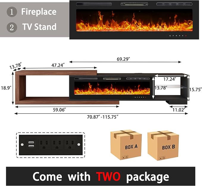 Extendable TV Stand with 50" Electric Fireplace, Modern LED Entertainment - Image 2