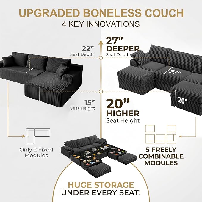 Upgrade Boneless Couch with Storage, Extra Deep&High Seat Modular Sectional - Image 6