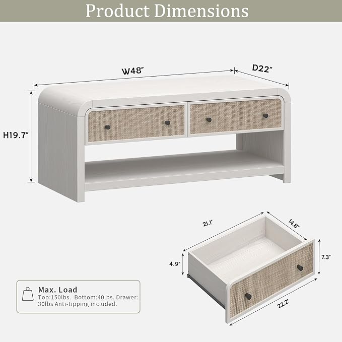 Oak&Sparrow 48'' Boho Coffee Table, Thickened Arc-Shaped Coffee Table - Image 3