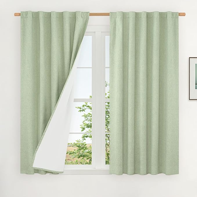 45 Inch 100% Blackout Linen Bedroom Curtains 2 Panels, Light Green | Thermal by LAMIT