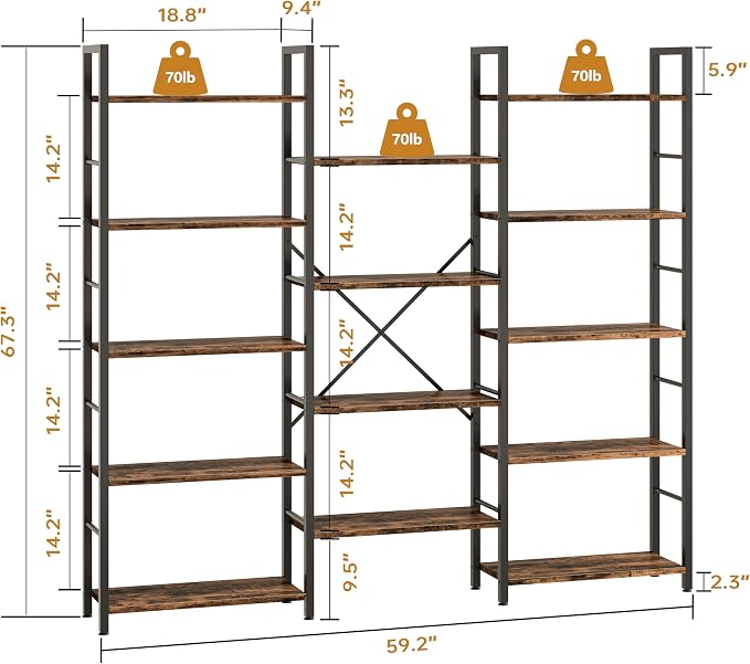 Shintenchi Triple Column 5 Tier Bookshelf, Industrial Large Bookcase Display - Image 3