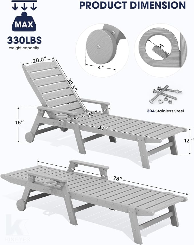 KINGYES HDPE Lounge Chair Outdoor Set of 2, Patio Chaise Lounge Recliner - Image 2