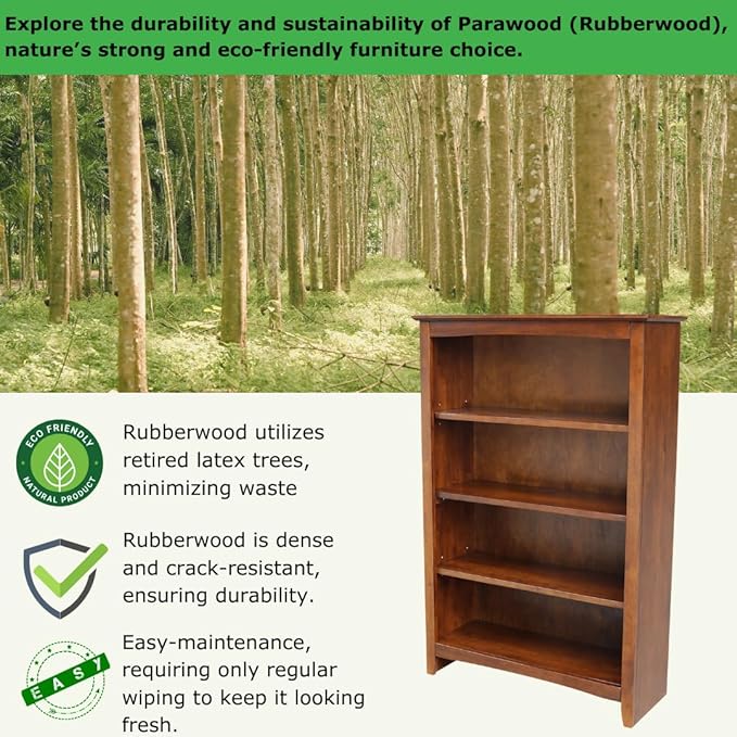 Solid Wood Bookcase 48" High, Adjustable Shelves, Parawood Construction - Image 4