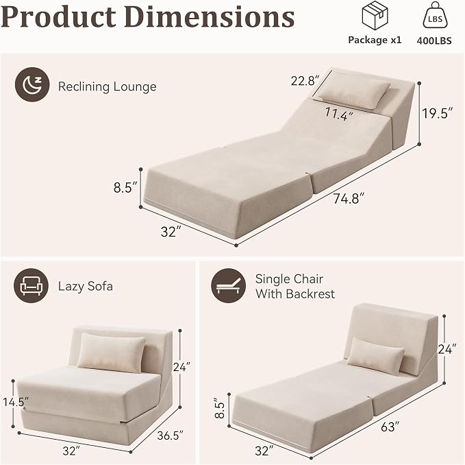 Fold Out Chair Bed, Folding Sofa Bed, 3 in 1 Convertible Sleeper Chair Bed - Image 2