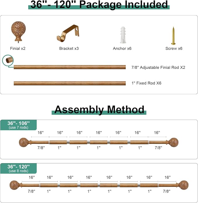 QDWIS Boho Wood Curtain Rods for Windows 66 to 120 inch, Rustic Decorative - Image 8