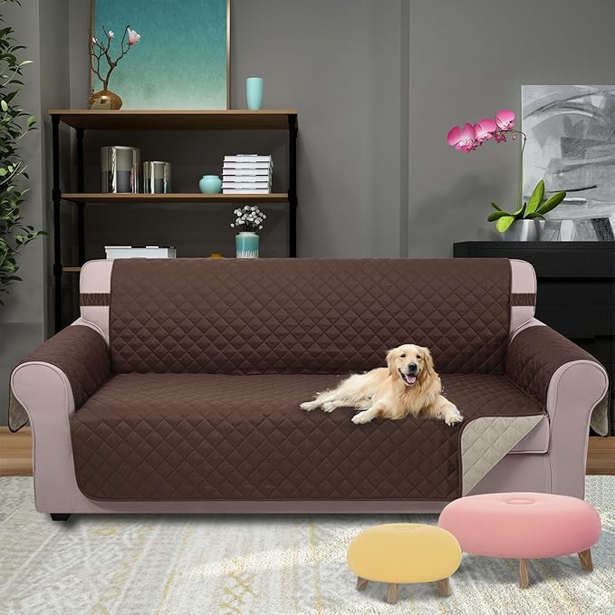 U-NICE HOME 4 Seater Sofa Cover 91''Large Couch Cover, Coffee/Beige | Washable - Image 2