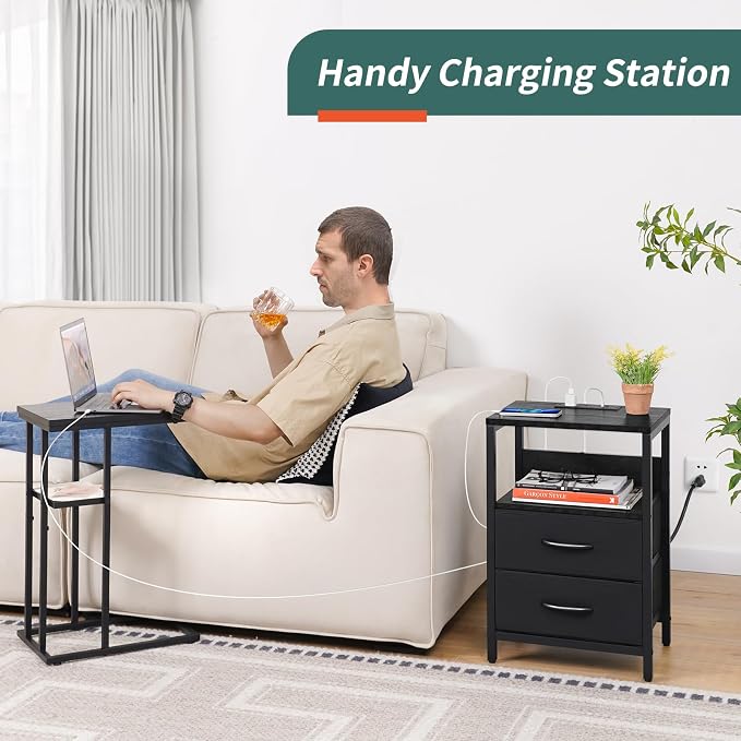 Yoobure Nightstand with Charging Station, Small Night Stand with Fabric Drawers - Image 4