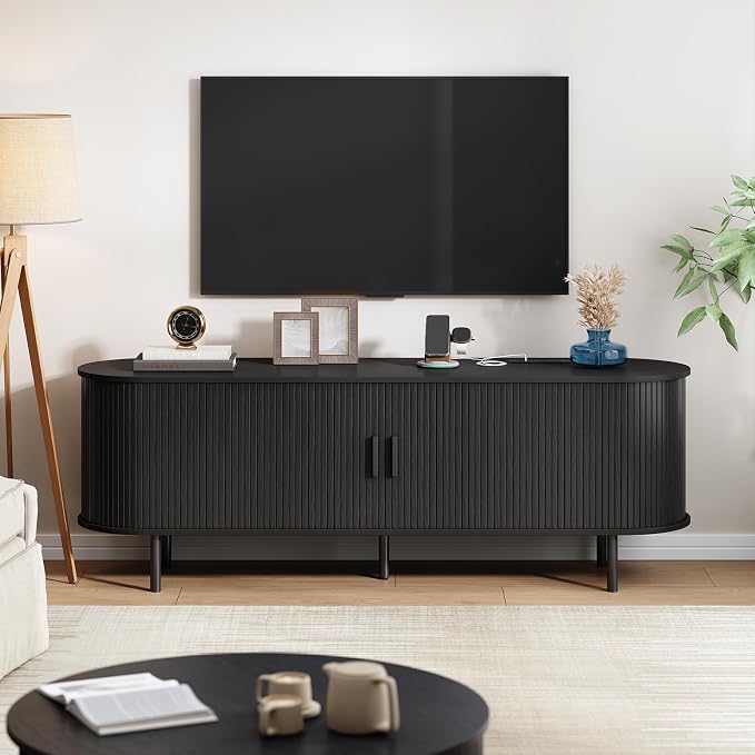 63" TV Stand with Power Outlet, Modern Media Console with Sliding Doors - Image 7