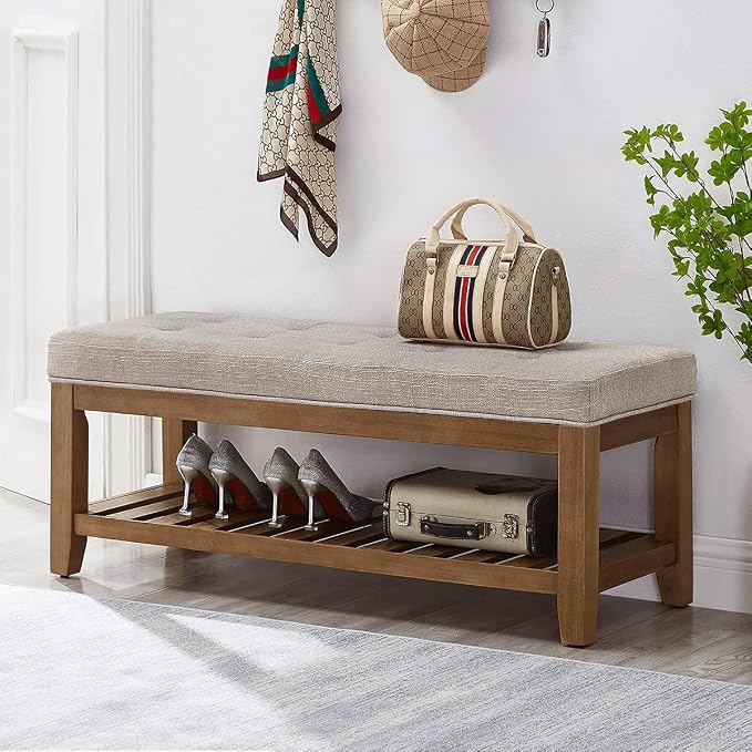 24KF Large Rectangular Upholstered Tufted Linen Fabric Ottoman Bench, Padded - Image 3