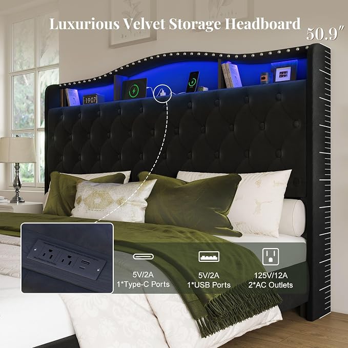 Belffin King Size Bed Frame and Headboard, 50.9" Velvet Upholstered Wingback - Image 3