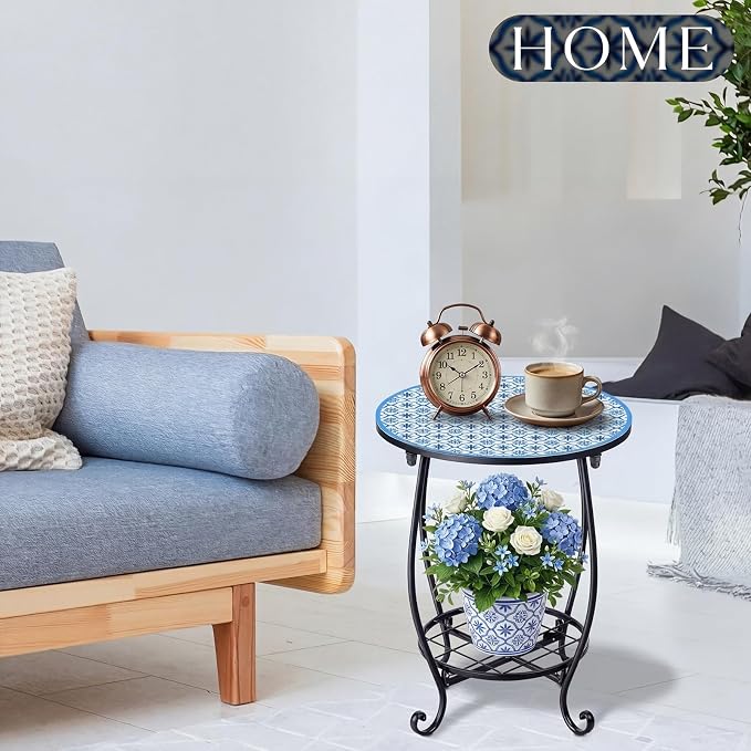 Cinnvoice Outdoor Side Table Round Small Mosaic Patio Accent Indoor End Plant - Image 7