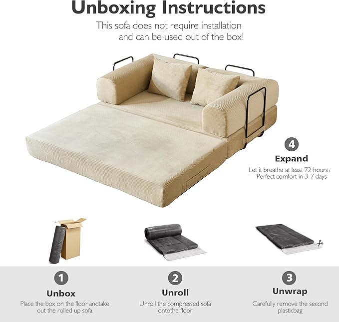 59in Convertible Sofa Bed, Corduroy Boneless Couch Bed, Futon Sleeper Sofa Pull - Image 4