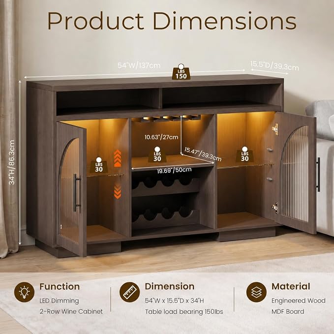 Wine Bar Cabinet, Arched Glass Doors, Wine Rack, Adjustable Shelves, Sideboard - Image 2