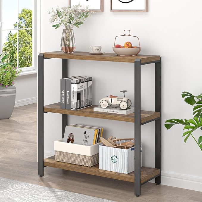 EXCEFUR Small Bookshelf, 3 Tier Short Low Book Shelf, Modern Metal and Wood - Image 3