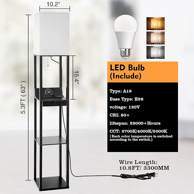 Floor Lamp with Shelves, RUNTOP LED Shelf Floor Lamp with Wireless Charger & 2 - Image 5