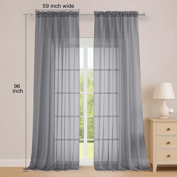 Extra Long Grey Sheer Curtains 96 Inches Long 2 Panels Set, Soft Lightweight - Image 2