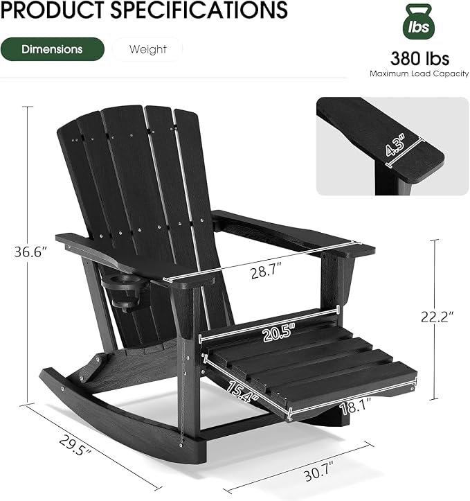 Adirondack Rocking Chair with Retractable Ottoman, Outdoor Folding Adirondack - Image 3