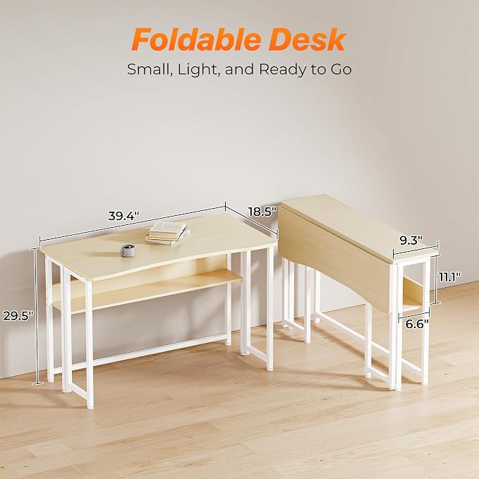 Huuger Folding Desk with Storage Shelf, 39.3 Inch Foldable Computer Table - Image 2