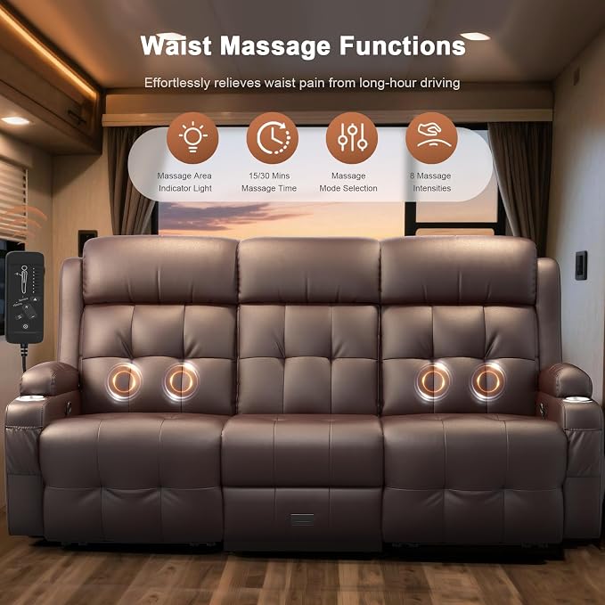 RV Loveseat Recliner Sofa, Built-in Power Strip, Massage Wall Hugger 3-Seater - Image 6