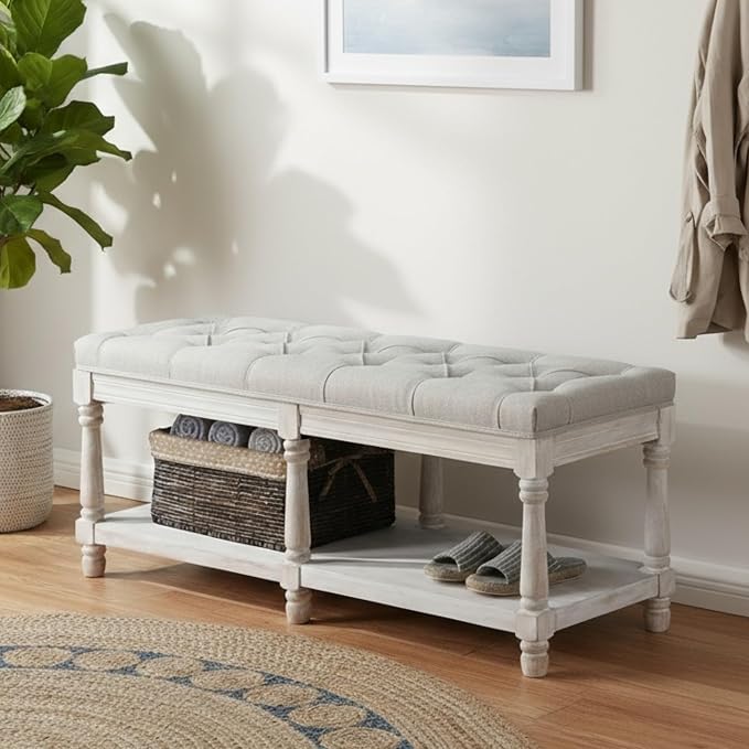 Farmhouse Storage Bench Wooden Entryway Upholstered Tufted Ottoman Bench - Image 5