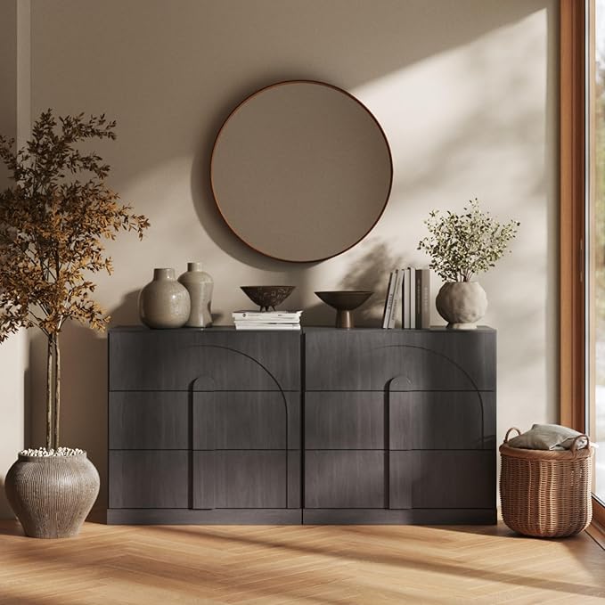 BELLEZE Sideboard Cabinet with 3 Drawers, Large Fluted Sideboard with Storage by BELLEZE