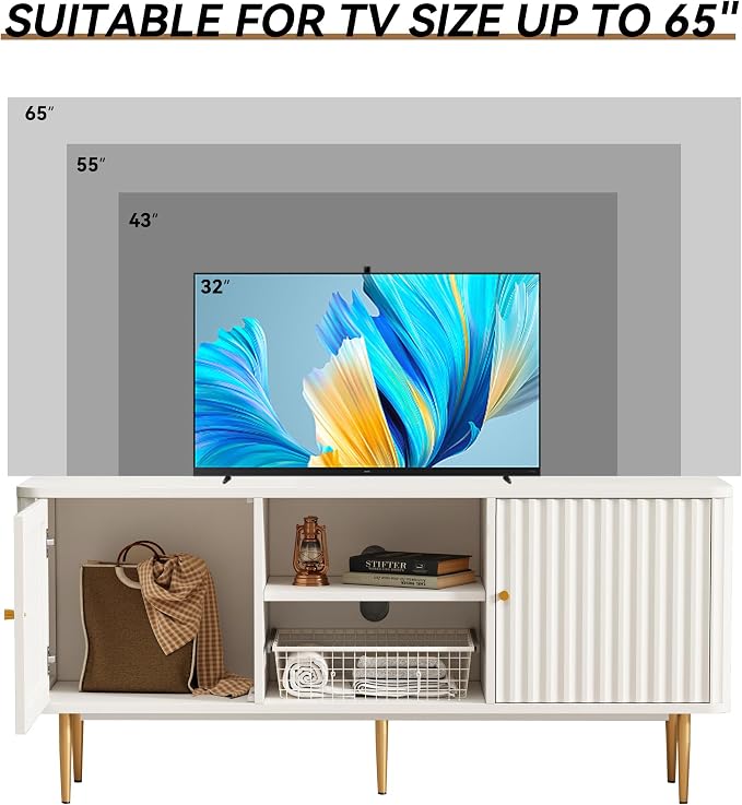 ARTPOWER 55” Fluted TV Stand, Mid Century Modern White TV Stand - Image 3