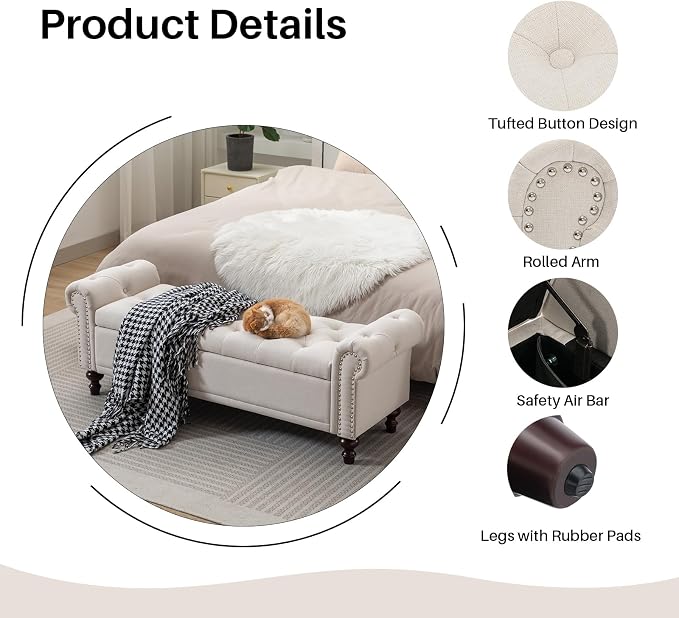 SOFTHION 58.1" Storage Bench Upholstered Linen End of Bedroom Bed Bench Ottoman - Image 4