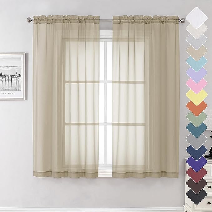 Taupe Sheer Curtains 63 Inch Length 2 Panels, Airy & Breathable Solid Voile Tan by Lecloud
