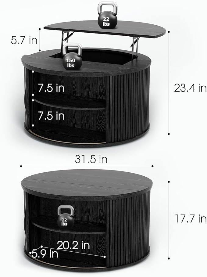 JOINICE 31.5" Black Round Lift Top Coffee Table, Modern Fluted Drum Center Table - Image 2