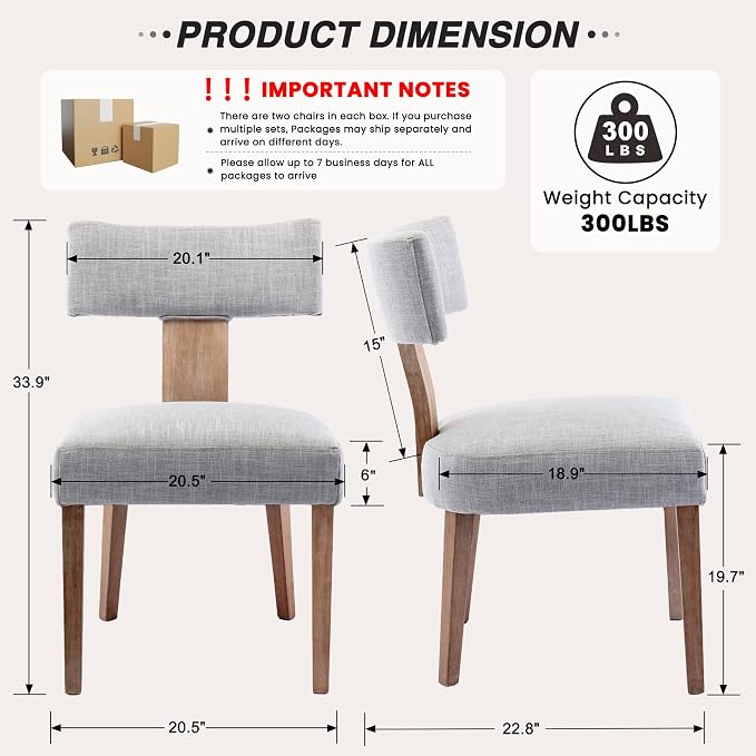 HNY Set of 6 Mid Century Modern Dining Chairs, Farmhouse Linen Fabric - Image 2
