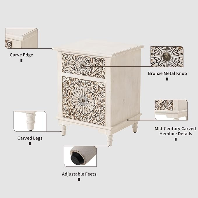 HOMPUS White Nightstand with Drawer & Storage, Fully-Assembled Flower Motif - Image 7
