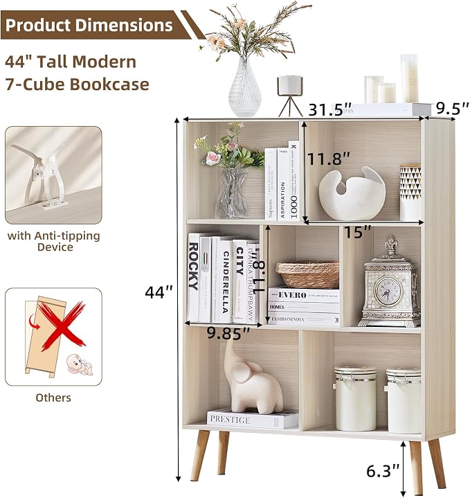 LEYAOYAO Cube Bookshelf 3 Tier Mid-Century Light Grey White Modern Bookcase - Image 2