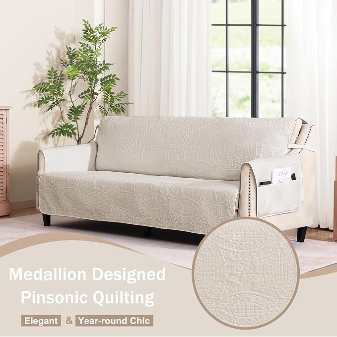 Quilted Beige Sofa Slipcovers - Image 2