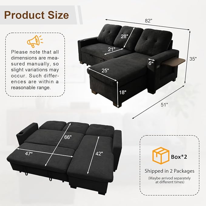 KCGKCG 82" L Shaped Sleeper Sofa Bed, Pull Out Sectional Couch - Image 2
