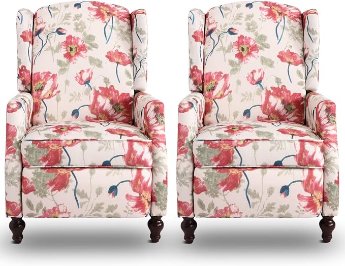 Upholstered Wingback Recliner Chair, Traditional Push Back Recliner by Consofa