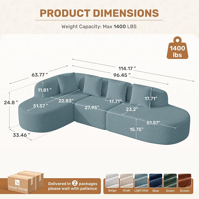 114 Inch Boneless Couches for Living Room, Modern Modular Sectional Sofa - Image 2