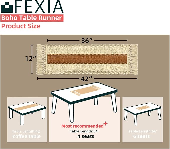 FEXIA Boho Table Runner 36 Inches Long Macrame Summer Decor Coffee Table Cover - Image 2