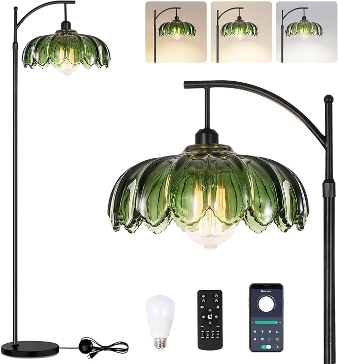 QIYIZM Glass Floor Lamp for Living Room, Mid Century Modern Brass Tall Lamp by QIYIZM