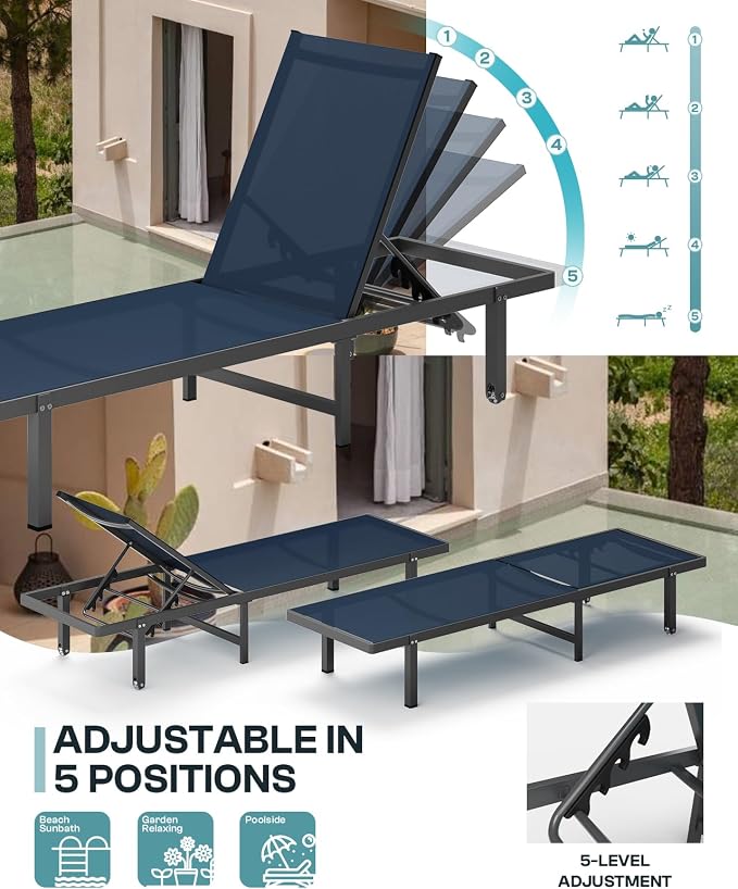 Lounge Chair Outdoor with Wheels, Aluminum Patio Chaise Lounge Chair with 5 - Image 7