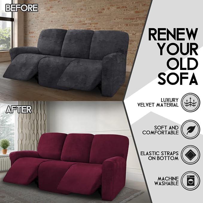 ULTICOR Velvet 8-Pieces Recliner Sofa Covers Stretch Reclining Couch Covers - Image 5