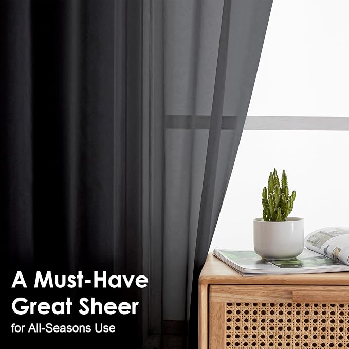 Black Sheer Curtains 84 Inches Long 2 Panel Sets, Solid Color Lightweight Voile - Image 2