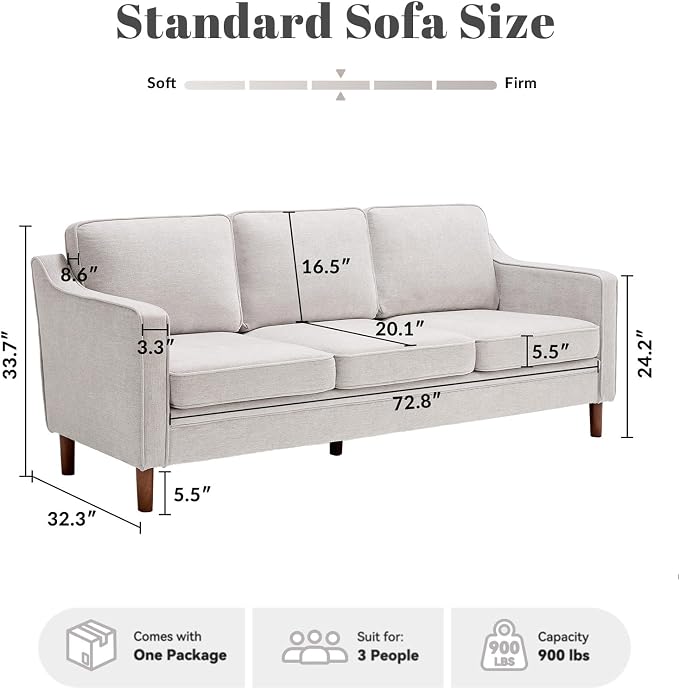 Kingfun 80" Chenille Sofa, 3 Seater Couch, Mid Century Modern Couches - Image 2