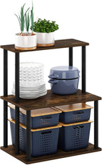 Furinno Turn-N-Tube 3-Tier Toolless Kitchen Storage Shelf, Amber Pine/Black by Furinno-FitsYourSpaceFitsYourBudget