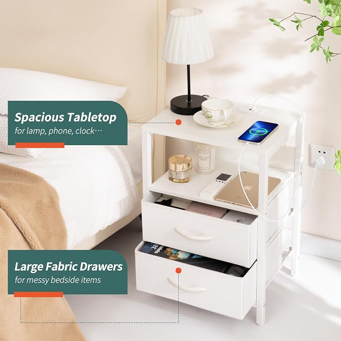 Yoobure Nightstand with Charging Station, Small Night Stand with Fabric Drawers - Image 5