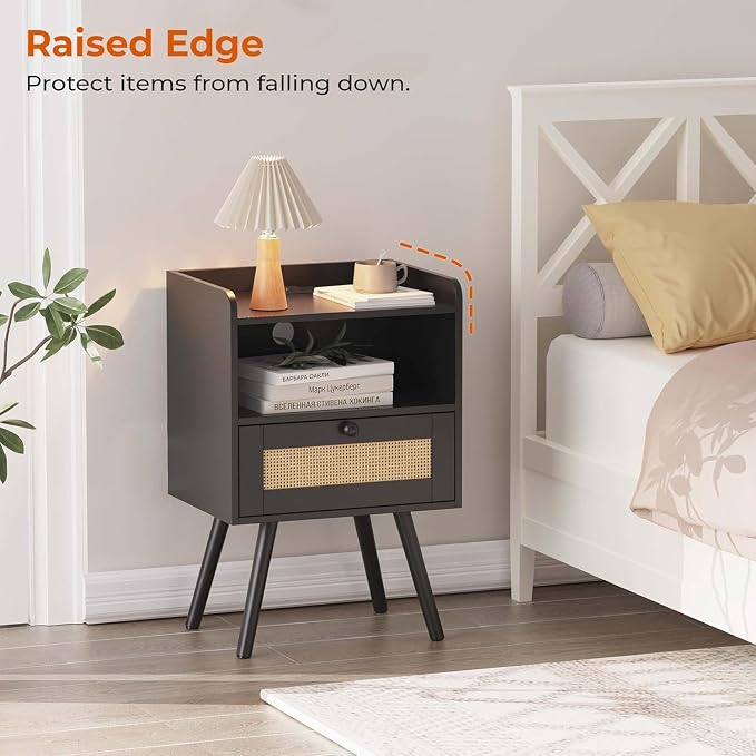 SUPERJARE Nightstand with Charging Station & Rattan-Like Decor Drawer, Rattan - Image 4
