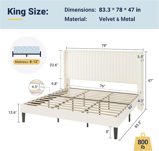 Allewie King Size Velvet Bed Frame/Vertical Channel Tufted Wingback - Image 2